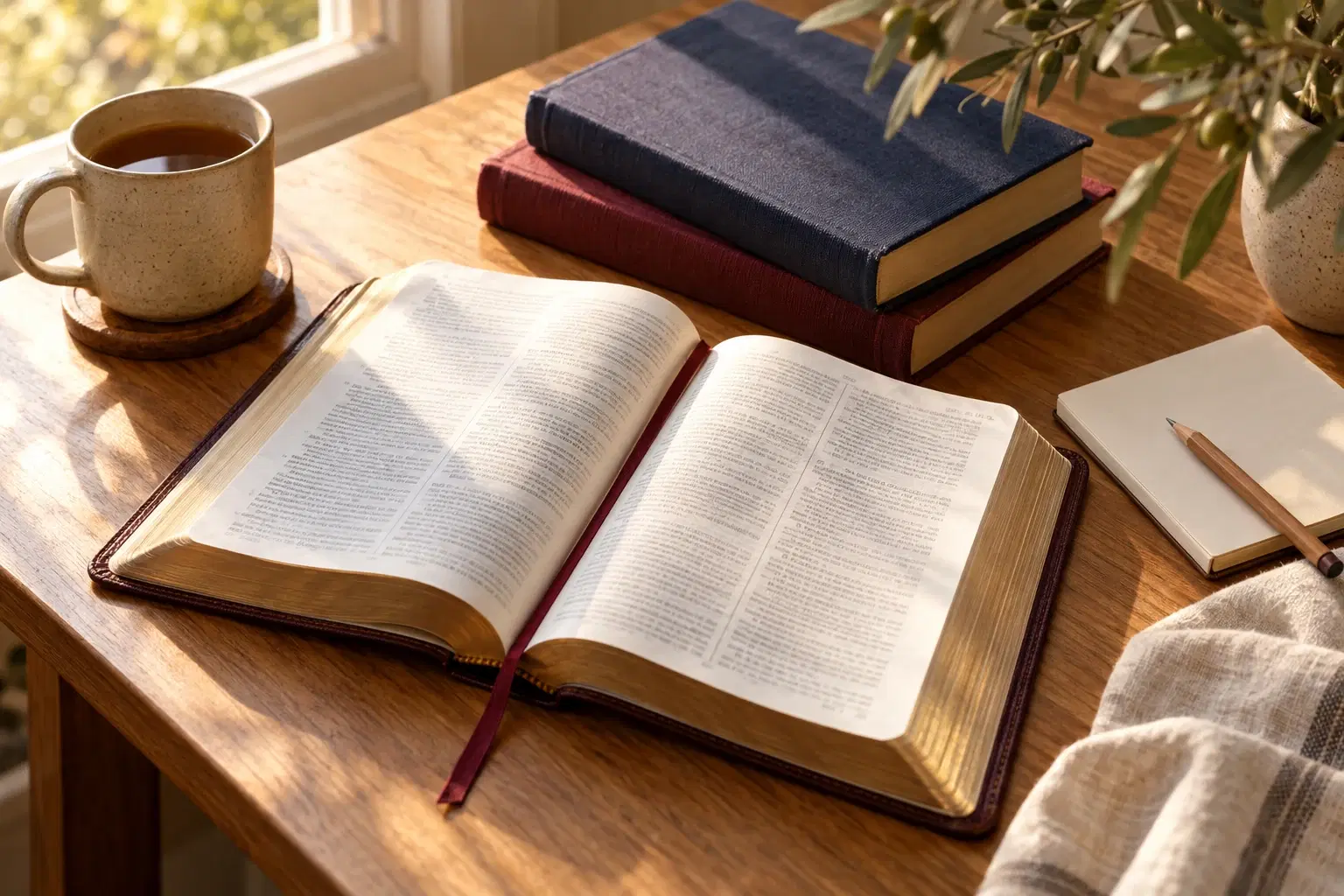 Una Biblia abierta junto a libros y un cuaderno bajo la luz del sol